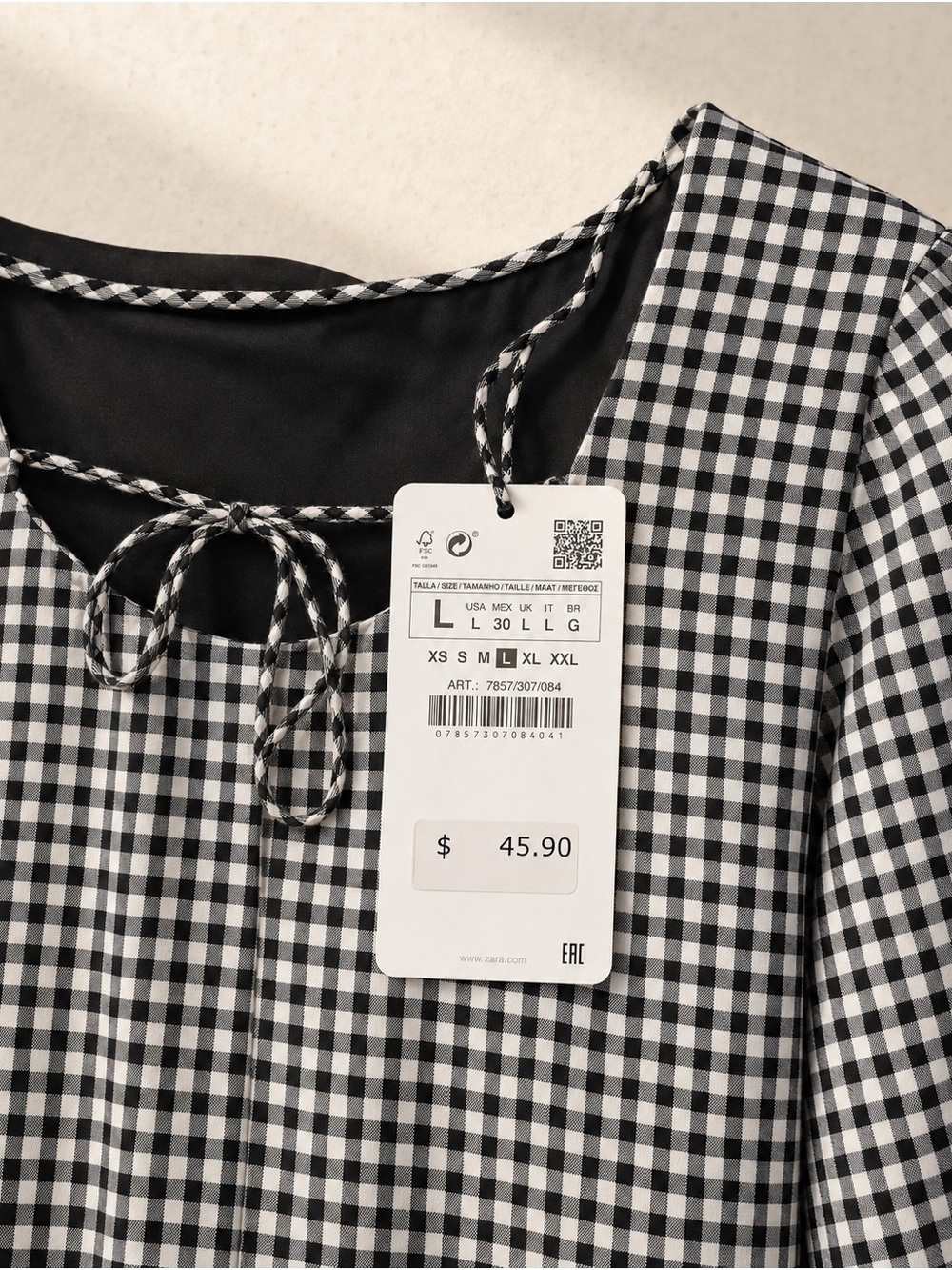 Zara NWT Black White Gingham Puff Sleeve Mini Dress Size L - Picture 4 of 5